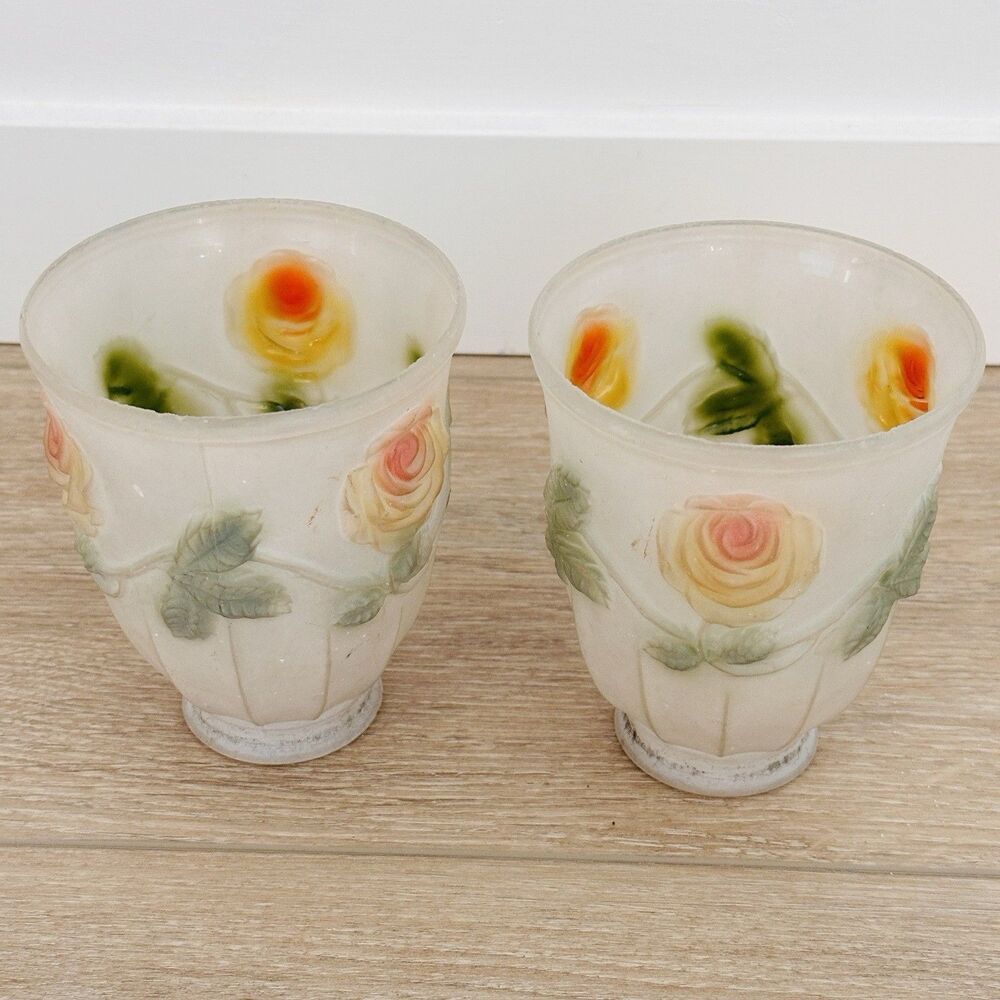 2 Antique Glass Reversed Painted Yellow Rose Floral Fairy Lamp Shade 2" Fitter